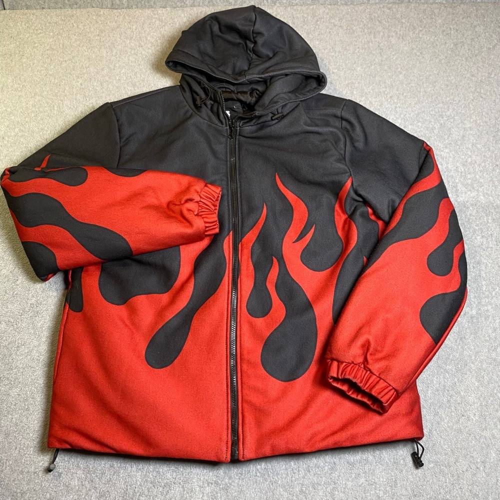 American Stitch Flame Men Large Black Red Quilted Hooded Y2K Aesthetic Flaw NWT